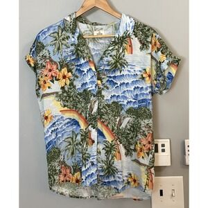 Marine Layer Top Tropical Rainbows Button Up‎ Linen Tencel Women's Small
